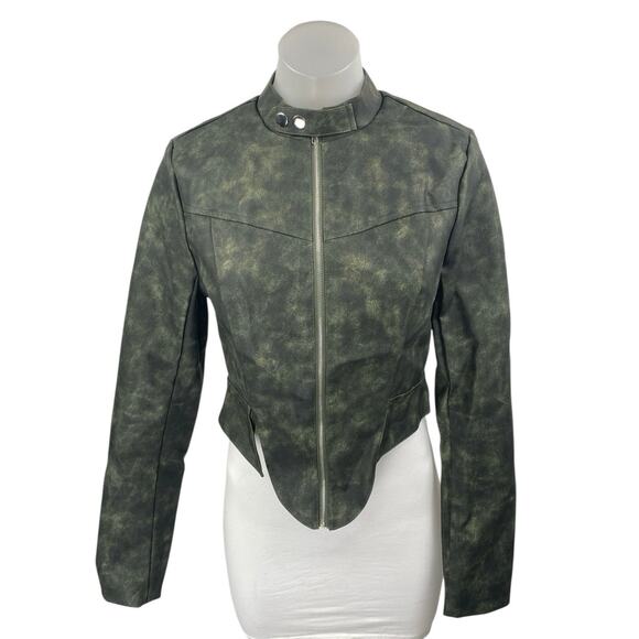 NEW Fashion Nova Arlo Green Washed Faux Leather Vegan Crop Zip Up Jacket Size S - Picture 1 of 5